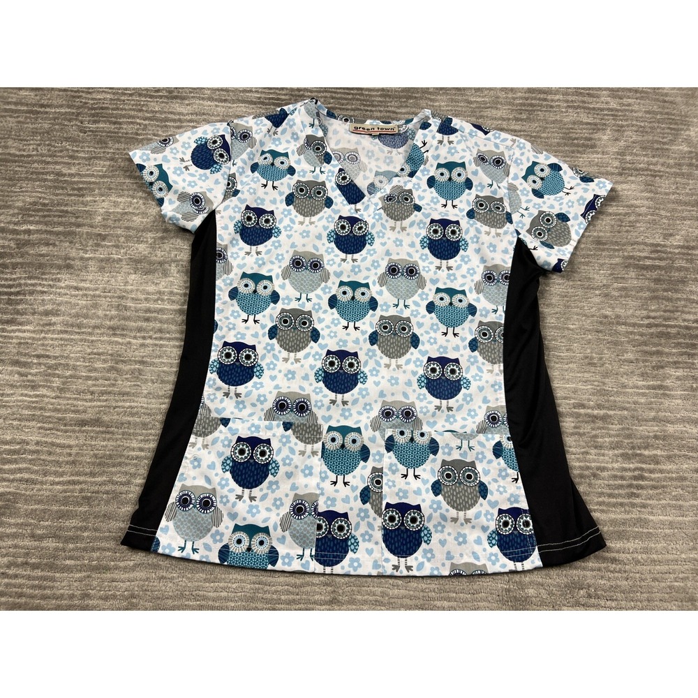 Green Town Scrub Top Womens Small Multicolor Owl Short Sleeve‎ Cotton Blend
